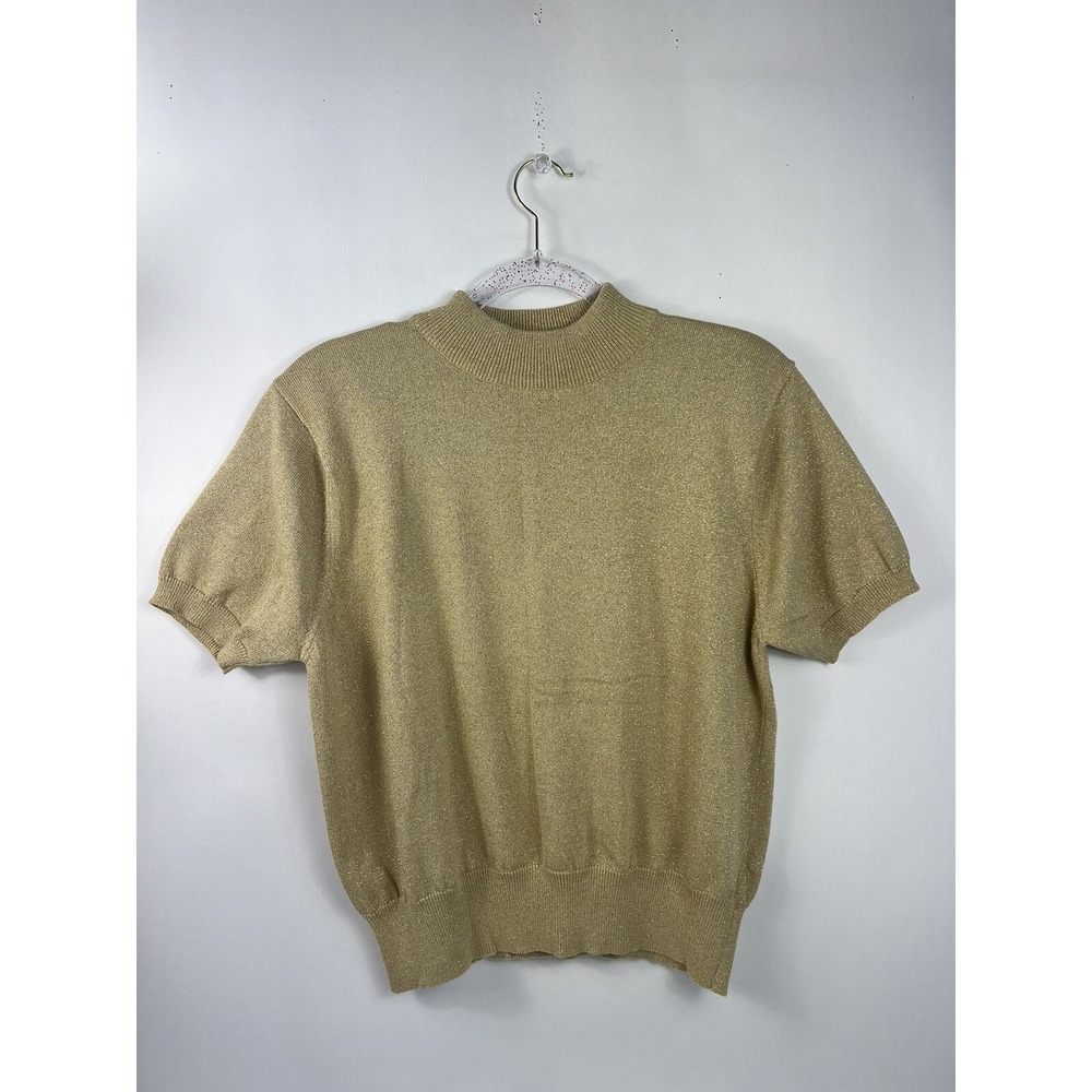 Christopher & Banks Sweater Women's Sz L Gold‎ Short Sleeves Gold Threads